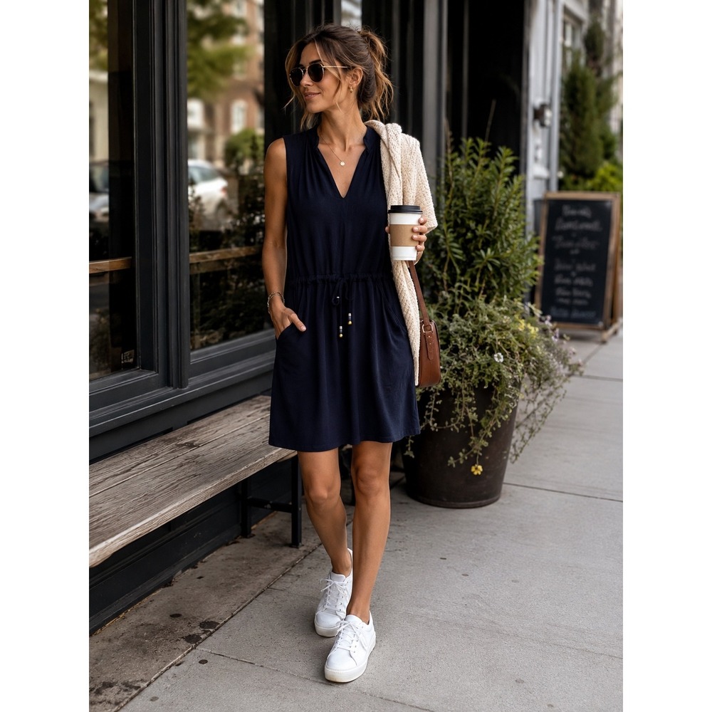 Helen Jon Sanibel Navy Dress Size Small Modal Stretch Pockets MSRP $158